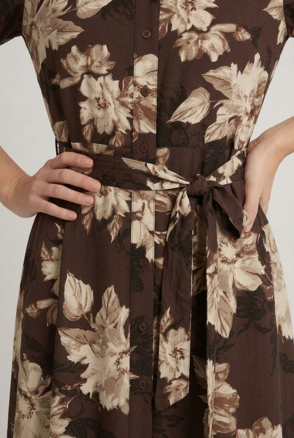 Brown | Floral 3/4 Sleeve Tie Maxi Shirt Dress