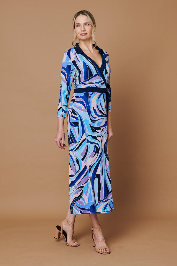 Blue | Abstract Tie Waist Midi Wrap Dress