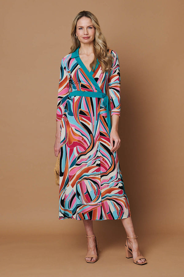 Red | Abstract Tie Waist Midi Wrap Dress : Model is 5'10"/178 cm and wears UK10/EU38/US6/AUS10