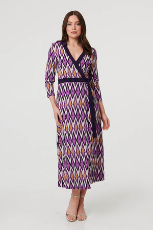 Purple | Geo Print 3/4 Sleeve Wrap Midi Dress