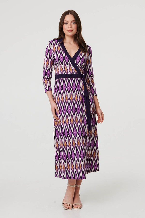 Purple | Geo Print 3/4 Sleeve Wrap Midi Dress