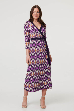Purple | Geo Print 3/4 Sleeve Wrap Midi Dress