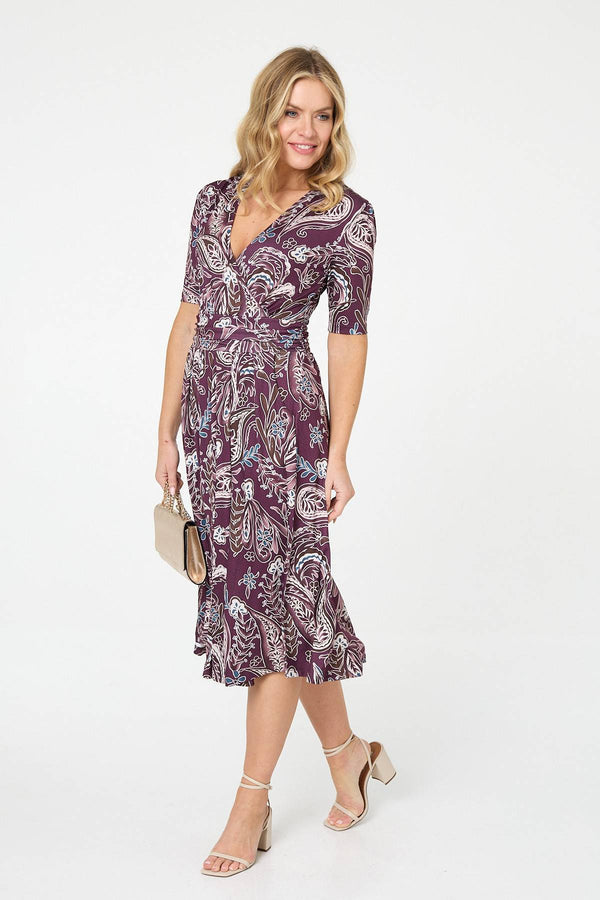 Purple | Paisley 1/2 Sleeve Faux Wrap Midi Dress