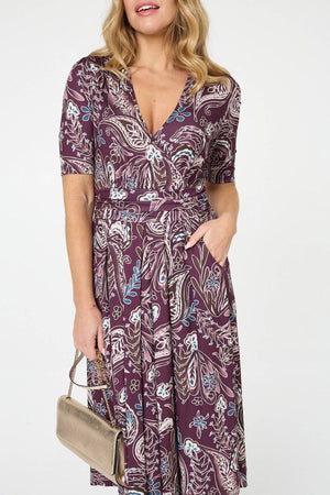 Purple | Paisley 1/2 Sleeve Faux Wrap Midi Dress