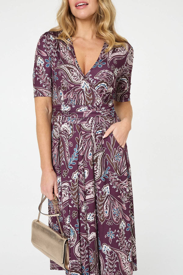 Purple | Paisley 1/2 Sleeve Faux Wrap Midi Dress
