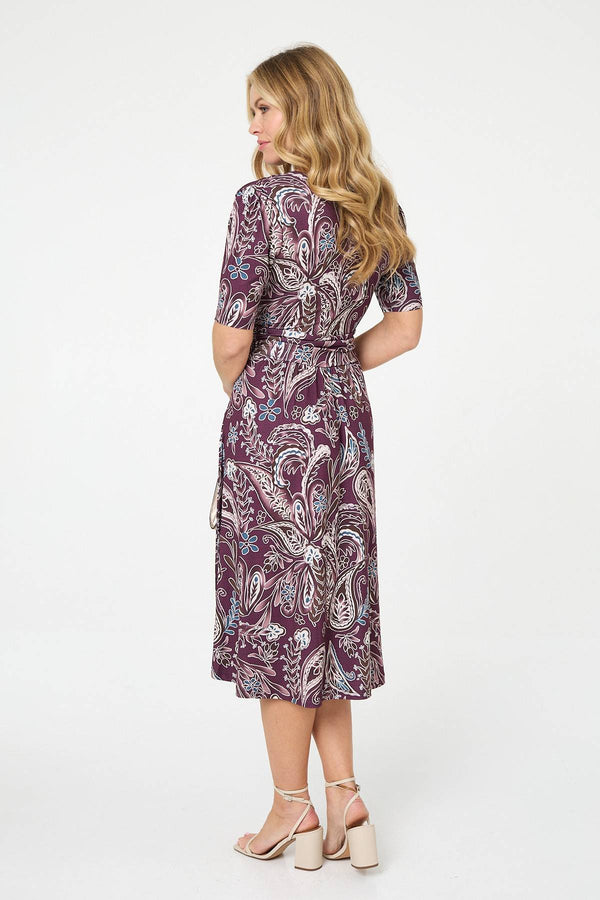 Purple | Paisley 1/2 Sleeve Faux Wrap Midi Dress