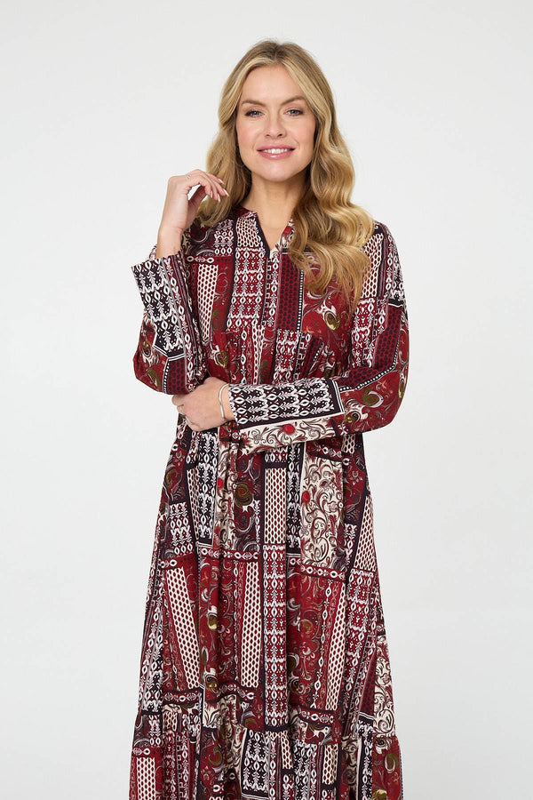 Red | Patchwork Print Long Sleeve Maxi Dress