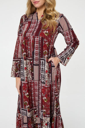 Red | Patchwork Print Long Sleeve Maxi Dress