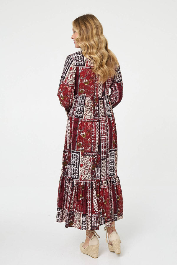 Red | Patchwork Print Long Sleeve Maxi Dress