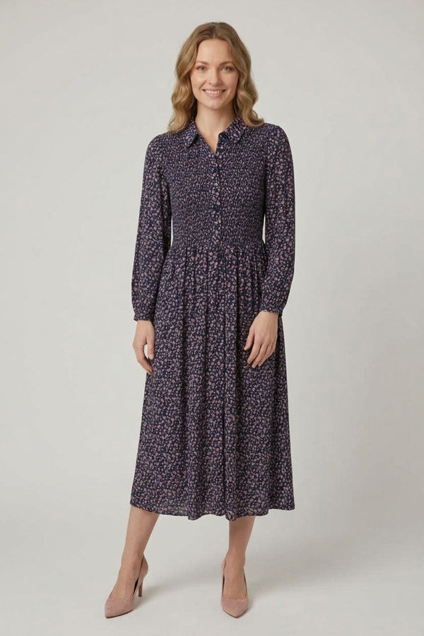Navy | Ditsy Floral Shirred Midi Shirt Dress