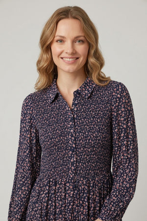 Navy | Ditsy Floral Shirred Midi Shirt Dress