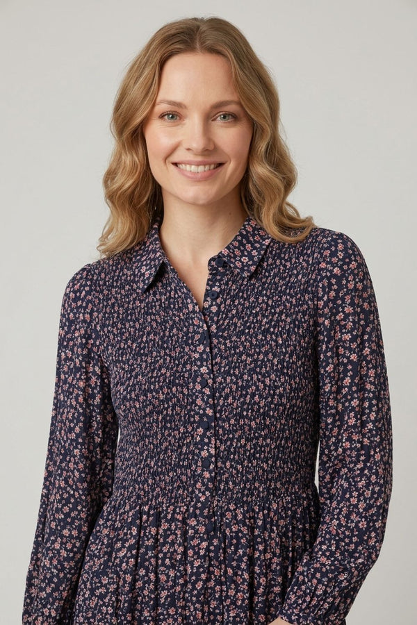 Navy | Ditsy Floral Shirred Midi Shirt Dress