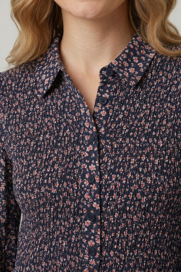 Navy | Ditsy Floral Shirred Midi Shirt Dress