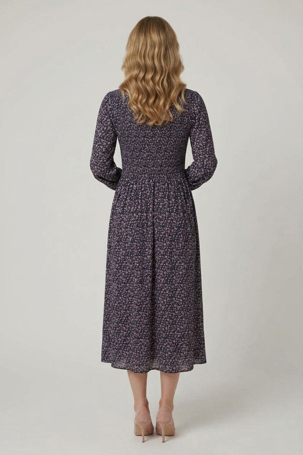 Navy | Ditsy Floral Shirred Midi Shirt Dress
