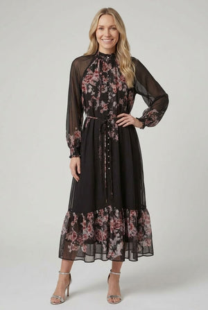 Black | Floral High Neck Layered Maxi Dress