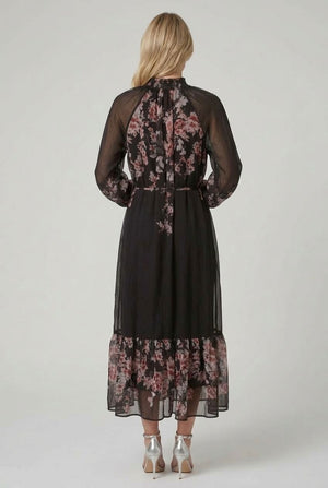 Black | Floral High Neck Layered Maxi Dress