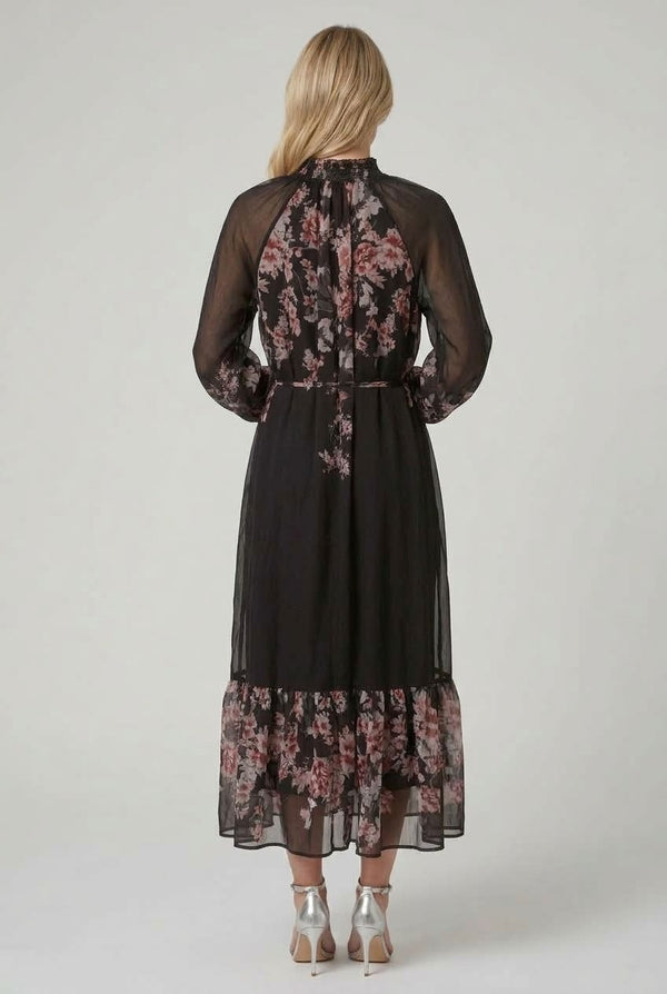 Black | Floral High Neck Layered Maxi Dress