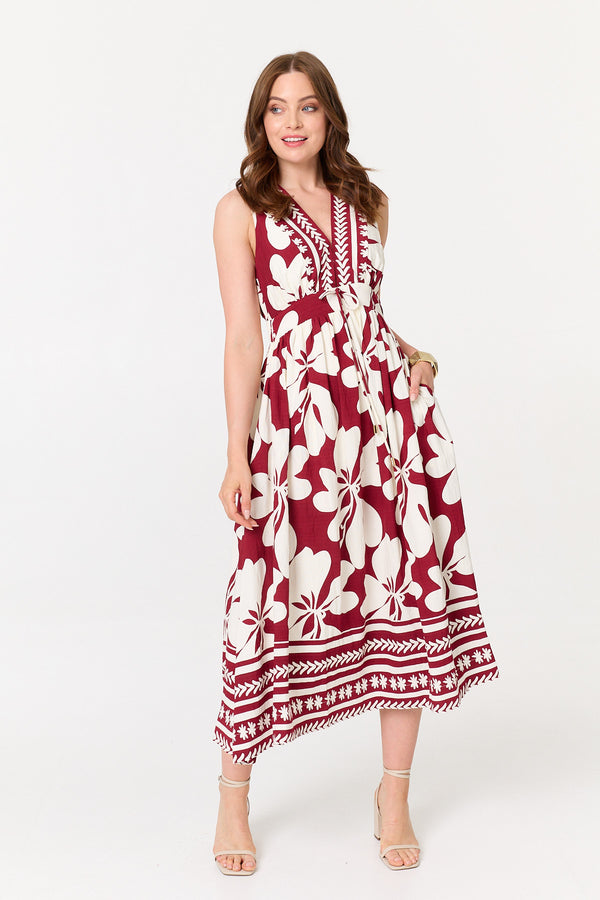Red | Floral Sleeveless A-Line Maxi Dress