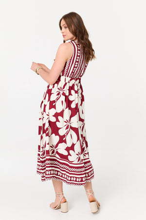 Red | Floral Sleeveless A-Line Maxi Dress