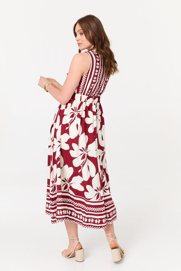 Red | Floral Sleeveless A-Line Maxi Dress
