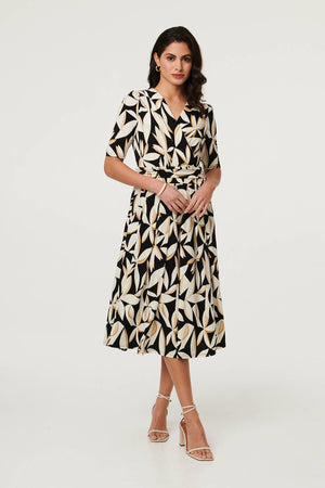 Black | Leaf Print 1/2 Sleeve Wrap Midi Dress