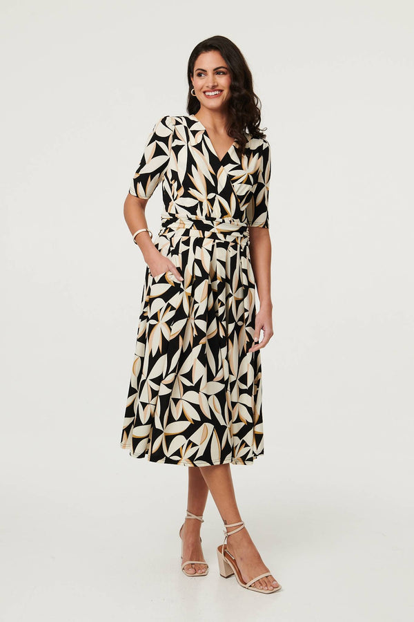 closet london leaf print wrap midi dress Black And White Leaf Print Belted Wrap Midi Dress 10