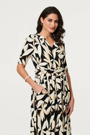 Black | Leaf Print 1/2 Sleeve Wrap Midi Dress