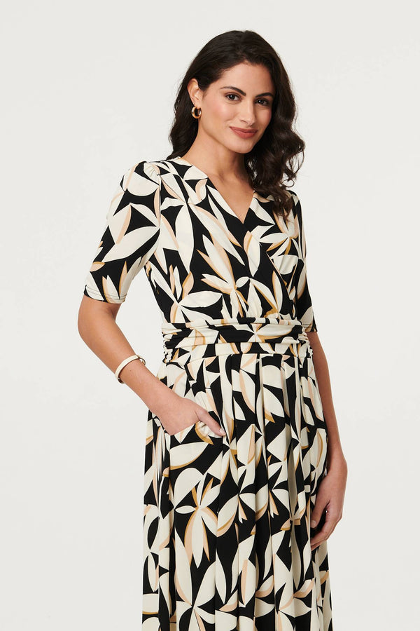Black | Leaf Print 1/2 Sleeve Wrap Midi Dress