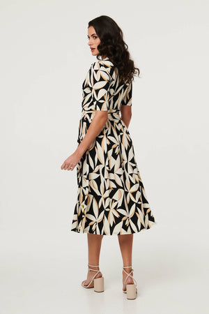 Black | Leaf Print 1/2 Sleeve Wrap Midi Dress