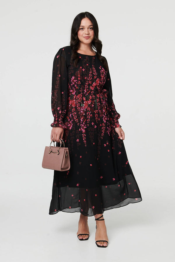 Black | Curve Floral Tie Waist Layer Maxi Dress