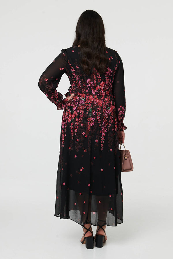 Black | Curve Floral Tie Waist Layer Maxi Dress