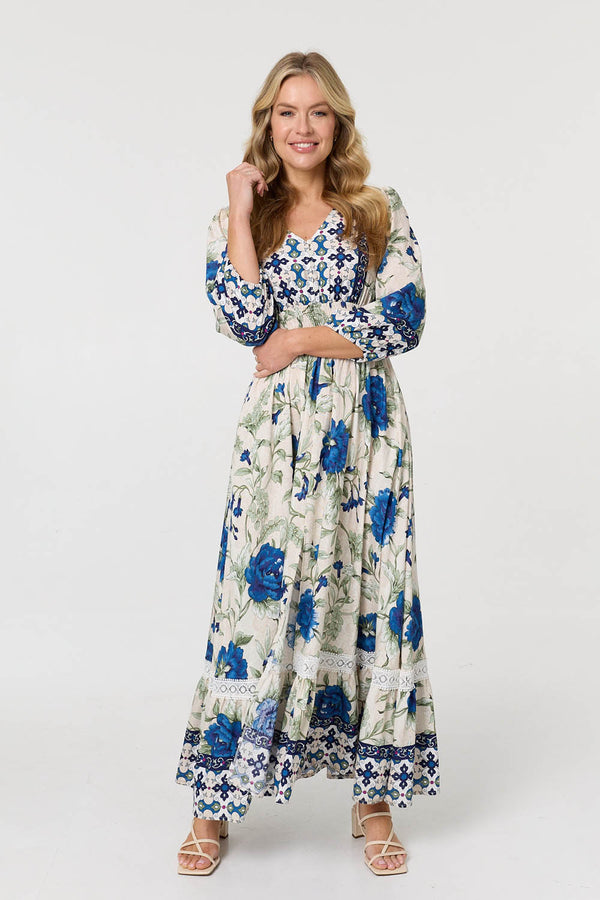 Green | Floral Tassel Tie Long Sleeve Maxi Dress