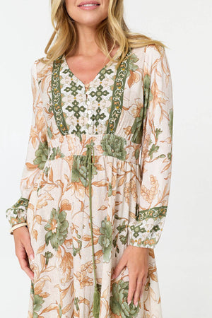 Green | Floral Tassel Tie Long Sleeve Maxi Dress