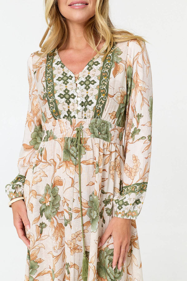 Green | Floral Tassel Tie Long Sleeve Maxi Dress