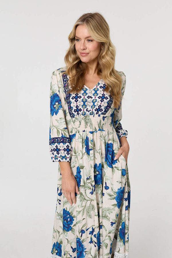 Green | Floral Tassel Tie Long Sleeve Maxi Dress