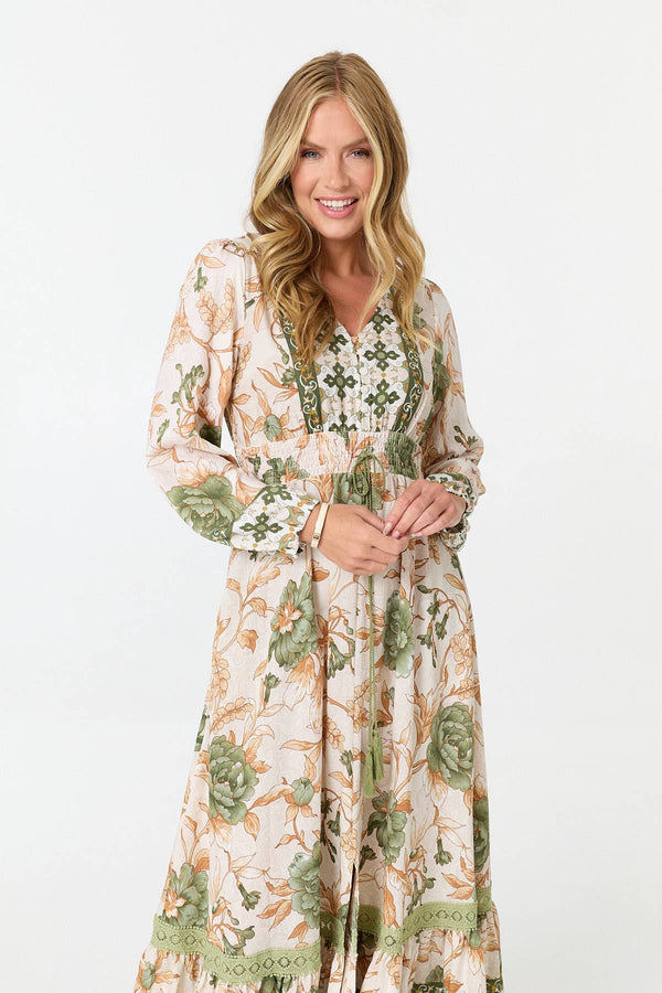 Green | Floral Tassel Tie Long Sleeve Maxi Dress