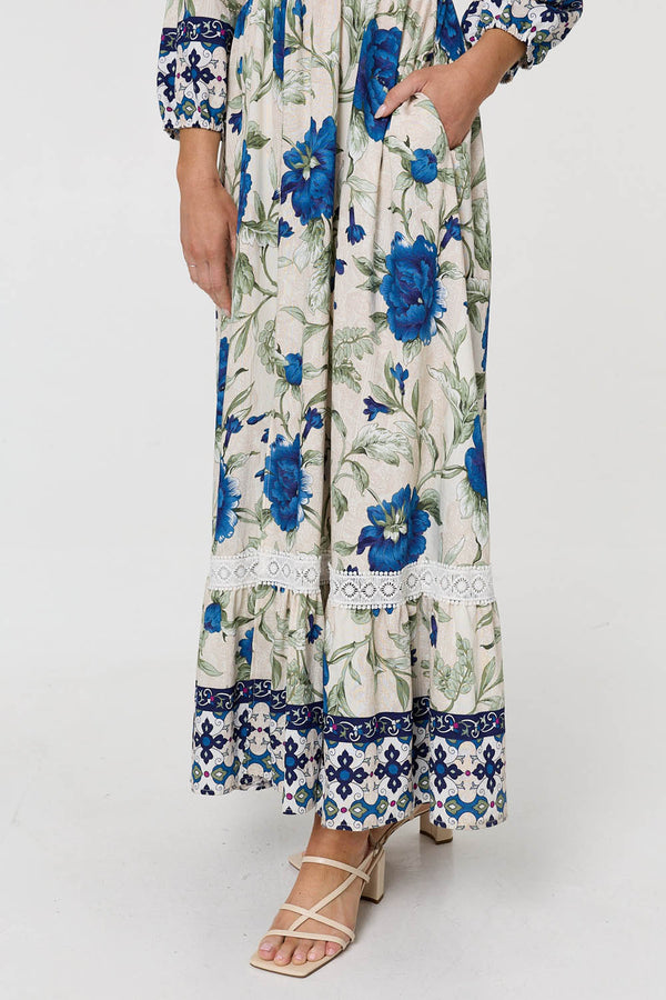Floral Tassel Tie Long Sleeve Maxi Dress