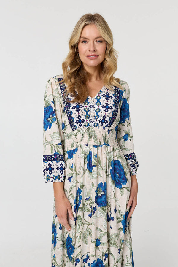Green | Floral Tassel Tie Long Sleeve Maxi Dress