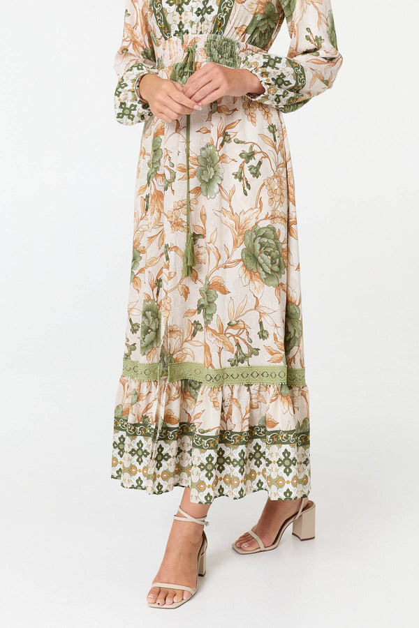 Green | Floral Tassel Tie Long Sleeve Maxi Dress