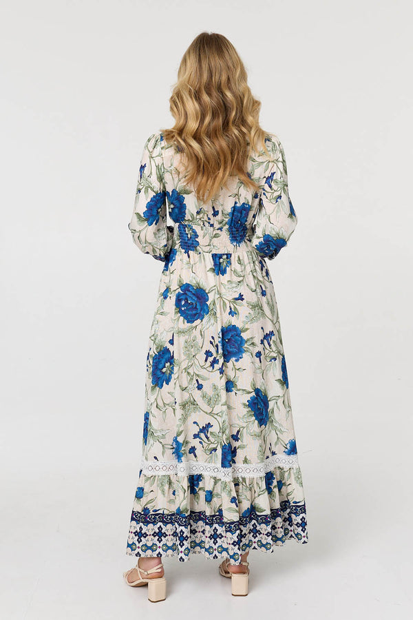 Green | Floral Tassel Tie Long Sleeve Maxi Dress
