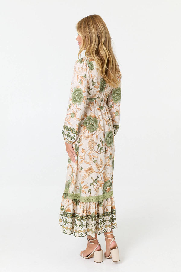 Green | Floral Tassel Tie Long Sleeve Maxi Dress