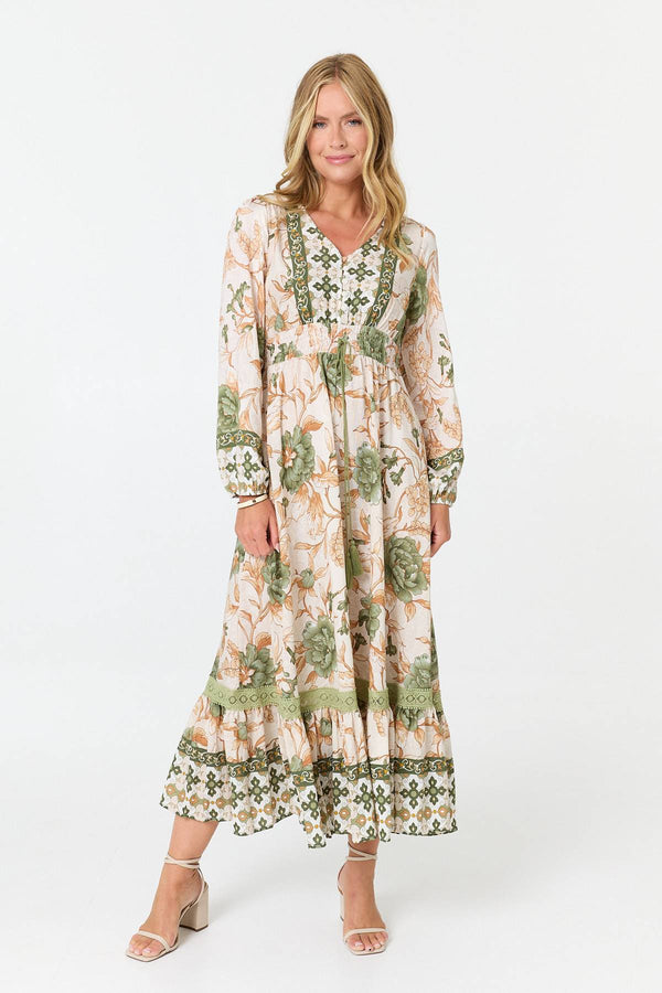 Green | Floral Tassel Tie Long Sleeve Maxi Dress
