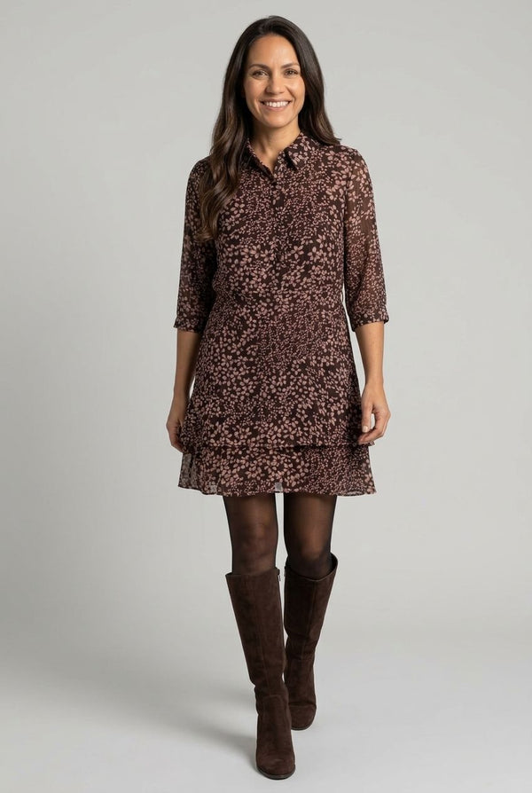 Brown | Ditsy Floral Layered Short Shirt Dress