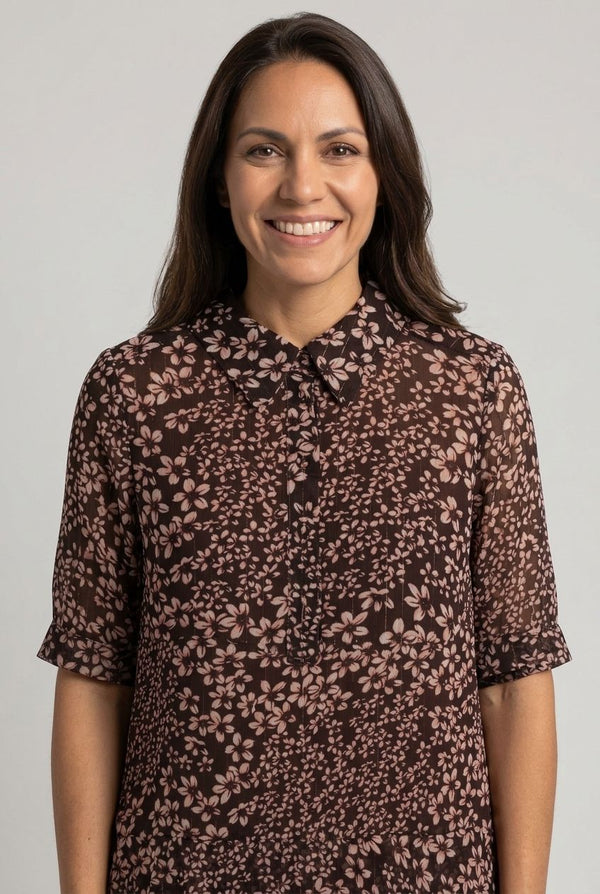 Brown | Ditsy Floral Layered Short Shirt Dress