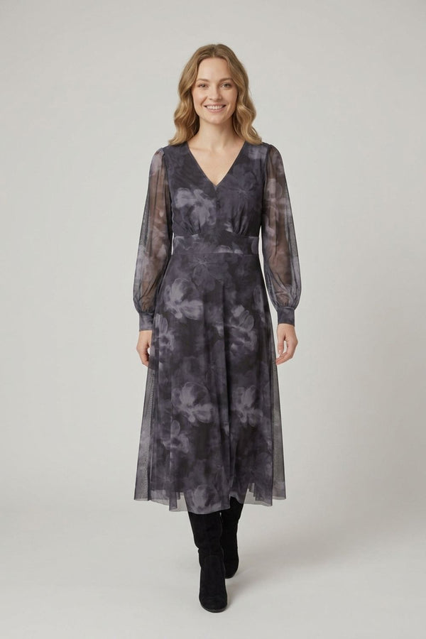 Grey | Floral Mesh Layer Long Sleeve Maxi Dress