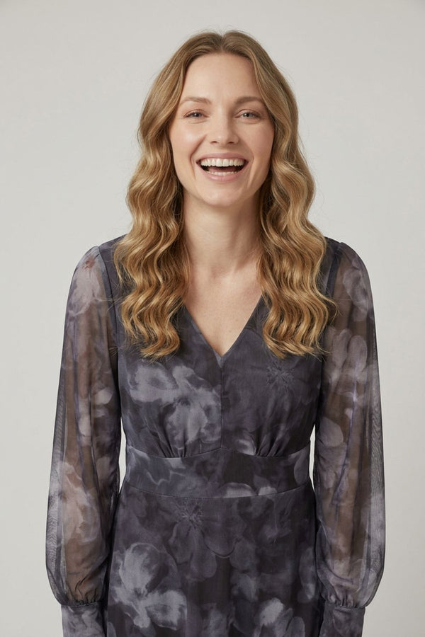 Grey | Floral Mesh Layer Long Sleeve Maxi Dress