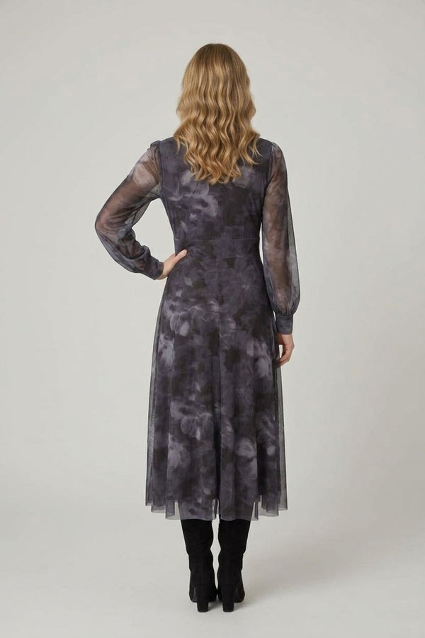 Grey | Floral Mesh Layer Long Sleeve Maxi Dress