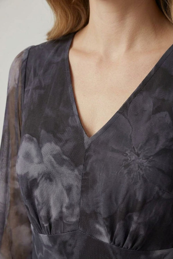 Grey | Floral Mesh Layer Long Sleeve Maxi Dress