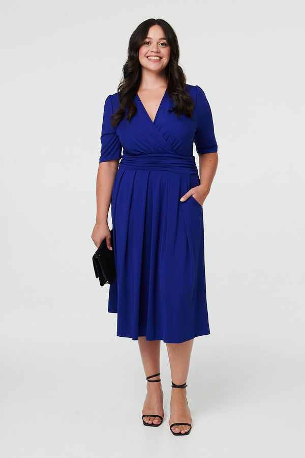 Blue | Curve Ruched Waist Faux Wrap Midi Dress