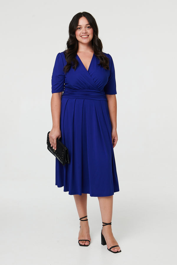Blue | Curve Ruched Waist Faux Wrap Midi Dress